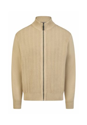 Beiger, gestrickter Pullover mit durchgehendem Reißverschluss, geripptem Kragen, Bündchen und vertikal geripptem Muster auf der Vorderseite.