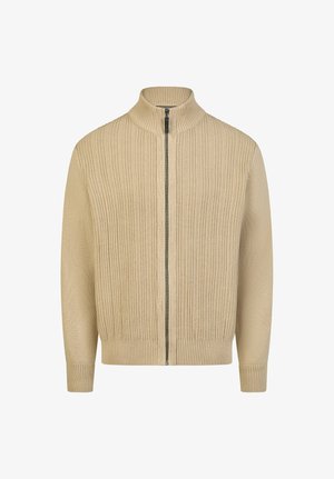 Beiger, gestrickter Pullover mit durchgehendem Reißverschluss, geripptem Kragen, Bündchen und vertikal geripptem Muster auf der Vorderseite.