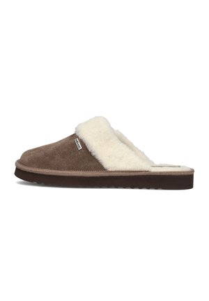 Brown suede slipper with a fluffy cream-colored lining and a soft sole. Features a stitched edge and a small label on the side.