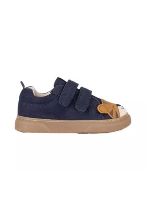 Sneaker blu navy per bambino piccolo con suola in gomma marrone, due strap con velcro e disegno di una tigre sorridente sulla punta.