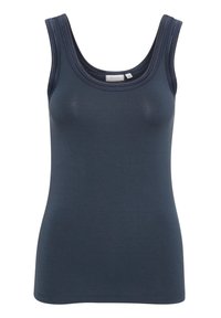 Top senza maniche di colore blu navy con scollatura a barchetta. Realizzato in tessuto liscio, presenta un design aderente e dettagli a doppia cucitura.