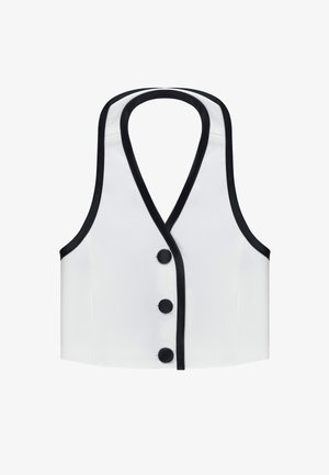 Gilet bianco senza maniche con scollatura profonda, bordo nero lungo i bordi e tre grandi bottoni neri al centro davanti.