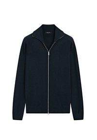 Cardigan blu navy con zip, realizzato in tessuto morbido, caratterizzato da un ampio colletto, zip a lunghezza intera e polsini e orlo a coste.