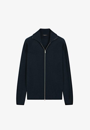 Cardigan blu navy con zip, realizzato in tessuto morbido, caratterizzato da un ampio colletto, zip a lunghezza intera e polsini e orlo a coste.