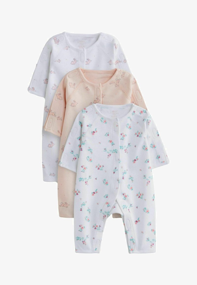 Drei Babystrampler: einer in Weiß mit Hasen, einer in Pfirsich mit dezenten Mustern und einer in Weiß mit Blumenmotiven. Alle haben Druckknopfverschlüsse.