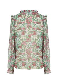 Blusa a maniche lunghe floreale con fiori verdi, rosa e bianchi, colletto e polsini arricciati, e leggeri arricciamenti sulle spalle, vista da dietro.