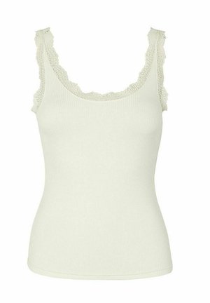 Csíkos ujjatlan felső világos krém színben, csipkés díszítéssel a nyak vonalán és a vállpántokon, illeszkedő sziluettel és varrás nélküli élekkel.