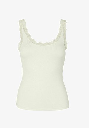 Csíkos ujjatlan felső világos krém színben, csipkés díszítéssel a nyak vonalán és a vállpántokon, illeszkedő sziluettel és varrás nélküli élekkel.