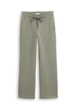 Pantaloni della tuta verde chiaro a gamba larga con cintura elastica, coulisse regolabile e due tasche laterali. Tessuto liscio, design casual.
