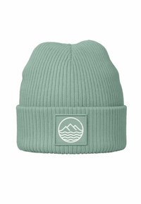 Mint green knit beanie with a ribbed texture and a folded cuff. Features a square patch with white mountain and wave design.