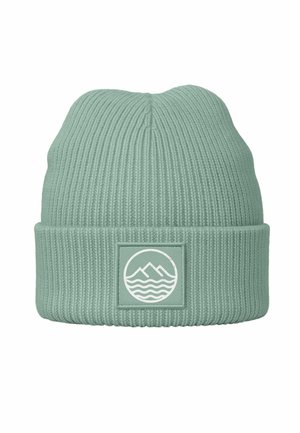 Mint green knit beanie with a ribbed texture and a folded cuff. Features a square patch with white mountain and wave design.