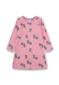 Rosa Langarm-Kleid für Kleinkinder mit gedruckten lila Kirschen, die lächelnde Gesichter zeigen und über den Stoff verteilt sind.