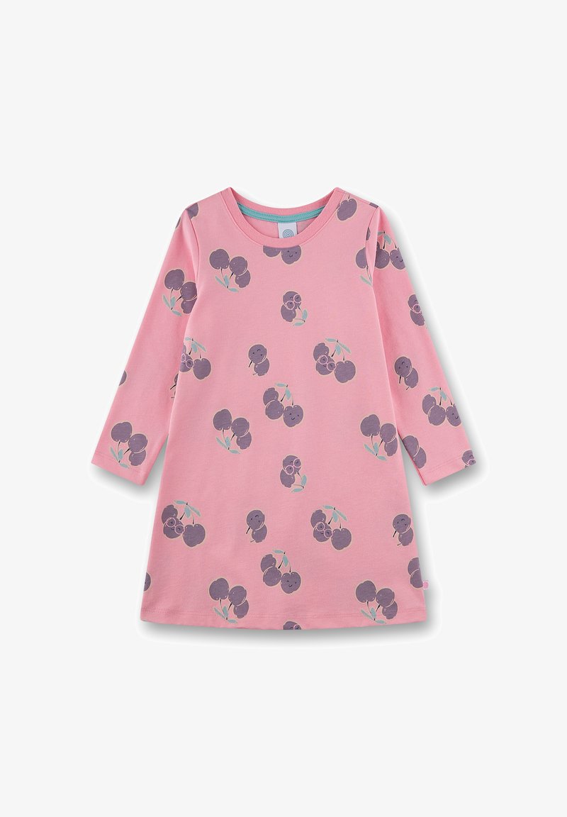 Rosa Langarm-Kleid für Kleinkinder mit gedruckten lila Kirschen, die lächelnde Gesichter zeigen und über den Stoff verteilt sind.