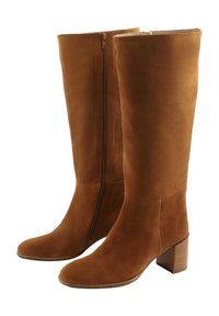 Brown suede knee-high boots with a side zipper, square toe, and stacked heel, featuring a smooth texture and sleek design.