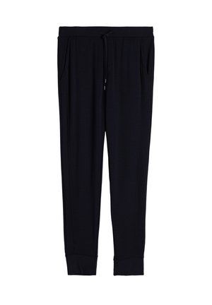 Pantalons de jogging noirs en tissu doux, avec une taille élastique et un cordon de serrage, des poches sur les côtés et des chevilles resserrées.