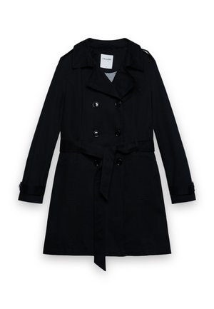 Schwarzer, knie-langer Trenchcoat aus Doppellagiger Stofflage mit Gürtel, mit Knöpfen versehene Manschetten und Reverskragen mit Kerbe, Größe klein.