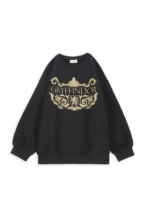 Zwarte trui met lange mouwen met gouden sierlijke Gryffindor-tekst en leeuwenkraagontwerp gecentreerd aan de voorkant.