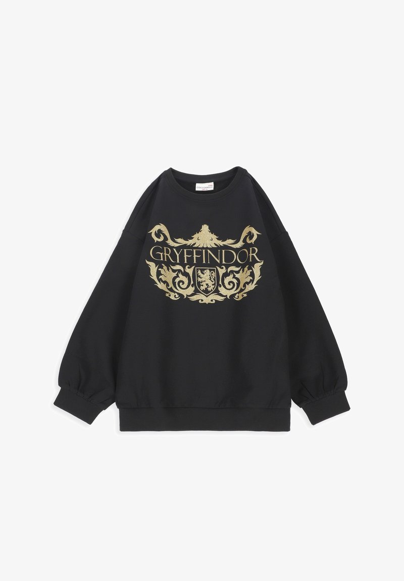 Sweat-shirt noir à manches longues avec texte orné doré Gryffindor et dessin d'un blason de lion centré sur le devant.