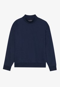 Maglione a collo alto blu navy realizzato in tessuto morbido. Presenta maniche lunghe, una vestibilità rilassata e polsini e orlo a coste. Nessun motivo o decorazione.