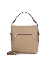Torebka w kolorze tan z teksturowanej powierzchni, z kieszonką na suwak z przodu, górnym uchwytem oraz regulowanym paskiem na ramię.