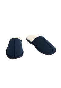 Pantofole blu navy con morbida fodera in pelliccia sintetica crema, design slip-on e верх мягкий текстурированный. Forma arrotondata con accenti di cucitura minimali.