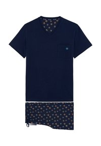 Navyblaues Baumwoll-V-Ausschnitt-T-Shirt mit einer Brusttasche, mit einem gemusterten Saum mit mehrfarbigen geometrischen Designs und einer Kordelzugdetails.