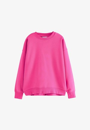 Pink sweatshirt with a round neckline, dropped shoulders, ribbed cuffs, and hem, made of soft, smooth fabric. No patterns or accents.