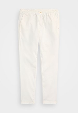 Bílé bavlněné kalhoty s elastickým pasem, předními kapsami a detaily na knoflík. Rovný střih s hladkou texturou.