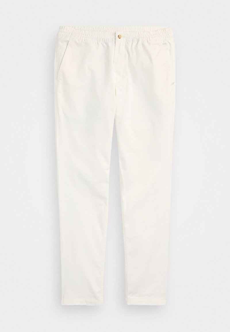 Biele bavlnené nohavice s elastickým pásom, prednými vreckami a detailom s gombíkom. Rovný strih s hladkou textúrou.