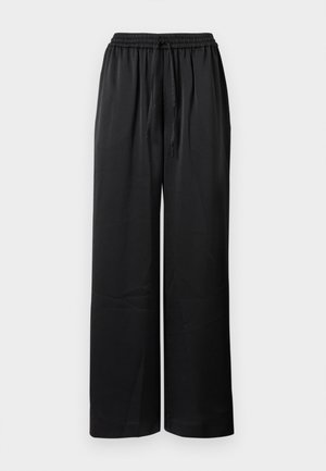 Pantalons larges noirs avec une taille élastique, une fermeture à cordon, et une texture lisse. Présente une coupe ample pour le confort et la mobilité.