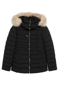 Zwarte pufferjack met een afneembare lichte neplederen capuchon. Heeft een ritssluiting, zijzakken en een doorgestikt patroon voor isolatie.