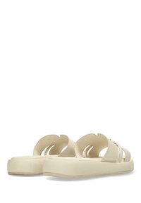 Beiga slide-sandaler med utskurna remmar, en tjock sula, slät textur och en formad fotbädd för komfort. Idealiska för avslappnad användning.