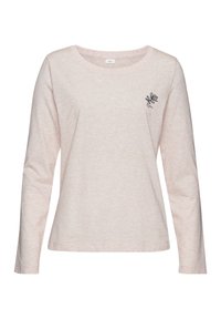 Helles rosa Langarm-T-Shirt aus weichem Stoff mit rundem Ausschnitt und einem kleinen Blumendesign auf der linken Brust.