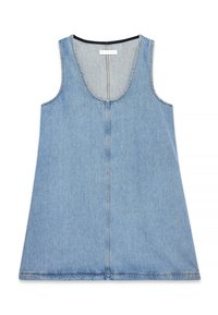 Vaaleansininen farkkumekko, ilman hihoja, pyöreällä kauluksella ja keskisaumayksityiskohdalla. Varustettu vahvistetulla ompeleella reunojen ympäri.