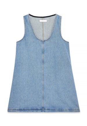 Gaiša zila džinsu kleita bez piedurknēm ar noapaļotu kakla izgriezumu un centrālo šuves detaļu. Aizsargājošs šuvums gar malām.