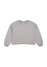Grijze cropped sweatshirt met lange, licht opgeblazen mouwen, geribde halslijn en logodetail op de manchette. Zachte, gladde stoftextuur.