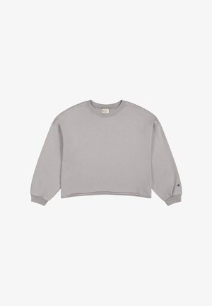 Grijze cropped sweatshirt met lange, licht opgeblazen mouwen, geribde halslijn en logodetail op de manchette. Zachte, gladde stoftextuur.