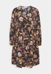 Schwarzes Blumenkleid mit V-Ausschnitt, langen Ärmeln und gestuftem Rock. Das Material ist leicht und mit bunten Blumenmustern in Pink, Gelb und Lila versehen.