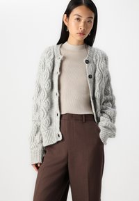 Cardigan gri țesut cu modele în cablu, cu butoane negre, purtat peste un top bej cu nervuri, asortat cu pantaloni căptușați maro cu talie înaltă.