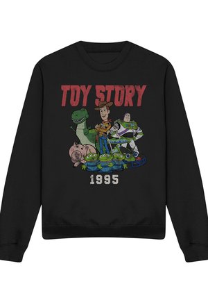 Black sweatshirt featuring Toy Story characters Woody, Buzz Lightyear, Rex, Hamm, and three green aliens with "TOY STORY 1995" text.