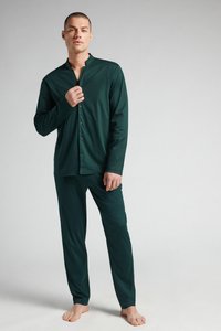 Dark green long-sleeve pajama set with a collar and button front, featuring a relaxed fit and soft, smooth fabric. Pants have an elastic waistband.
