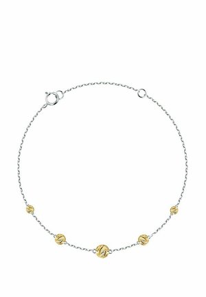 Silberne Kettenarmband mit fünf strukturierten runden Akzenten in Goldoptik. Das Design umfasst einen sicheren Karabinerverschluss und feine Glieder.