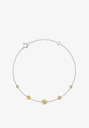 Silberne Kettenarmband mit fünf strukturierten runden Akzenten in Goldoptik. Das Design umfasst einen sicheren Karabinerverschluss und feine Glieder.