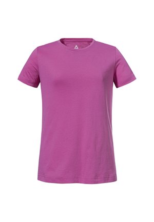 Kurzärmeliges T-Shirt aus lebhaftem pinkfarbenem Baumwollstoff, mit rundem Ausschnitt und glatter, weicher Textur. Minimalistisches Design ohne auffällige Akzente.