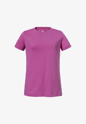 Kurzärmeliges T-Shirt aus lebhaftem pinkfarbenem Baumwollstoff, mit rundem Ausschnitt und glatter, weicher Textur. Minimalistisches Design ohne auffällige Akzente.