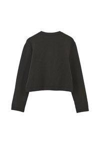 Schwarzes, kurzes Sweatshirt mit langen Ärmeln, Rundhalsausschnitt und geripptem Material. Verfügt über einen geraden Saum und ein minimalistisches Design ohne sichtbare Muster.