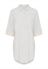 Light blue and white striped button-up shirt, featuring a collar, short rolled sleeves, a single chest pocket, and a rounded hem.