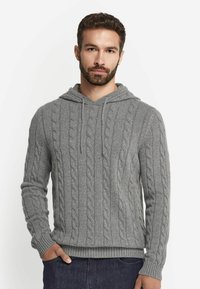 Grau gestrickter Kapuzenpullover mit Zopfmuster, gerippten Bündchen und Saum, mit einer Fronttasche und verstellbaren Kordeln an der Kapuze.