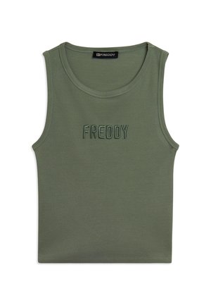 Canotta verde oliva smanicata con texture a coste, scollo rotondo e logo "FREDDY" ricamato al centro del petto.