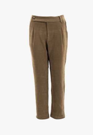 Pantalones de pana marrón con una cintura ancha, que presentan dos pliegues frontales y un botón, textura suave y piernas ajustadas.